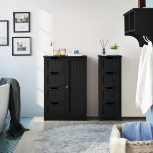 Wooden Bathroom Floor Storage Cabinet With 4 Drawers And Cupboard