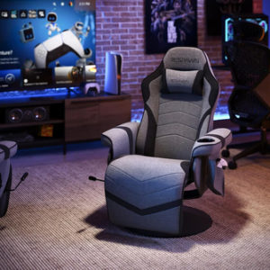900 Gaming Recliner Gray Fabric With Adjustable Leg Rest Cupholder