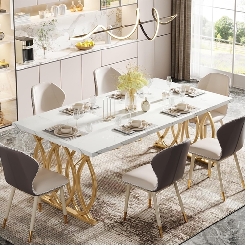 63 Inch Dining Table With Faux Marble Top For Kitchen And Dining Room - Image 5