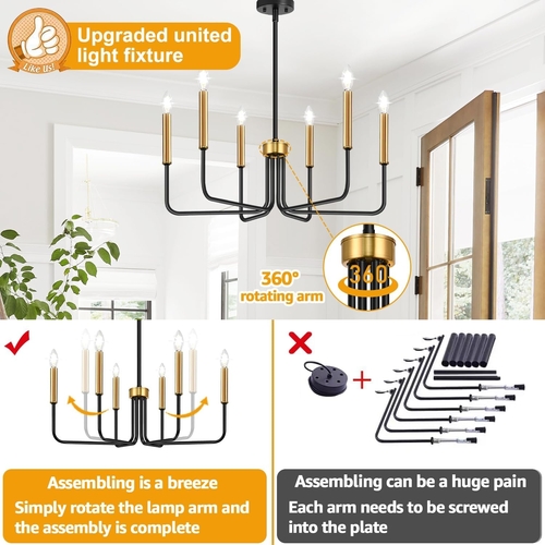 Black And Gold Six Light Farmhouse Chandelier For Dining Room - Image 3