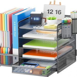 Grey 5 Tier Mesh Desk Organizer With Drawer And File Trays