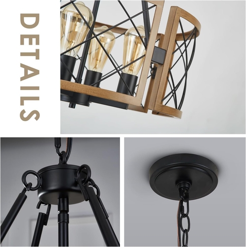 D19 Inch Farmhouse Chandelier 4 Light Pendant Black Oak - Image 4