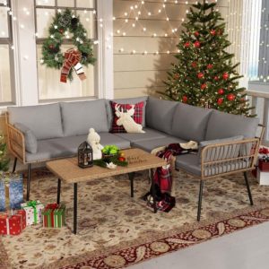 4 Piece Outdoor Wicker Patio Set Grey Memory Foam Cushions