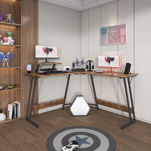 L Shaped Gaming Desk 51 Inch With Monitor Riser Brown - Image 2