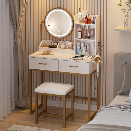 White Round LED Makeup Vanity Mirror With Charging Station 31.5 Inch - Image 5