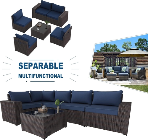 Navy Blue 6 Piece Outdoor Patio Sectional Sofa Set With PE Rattan - Image 8