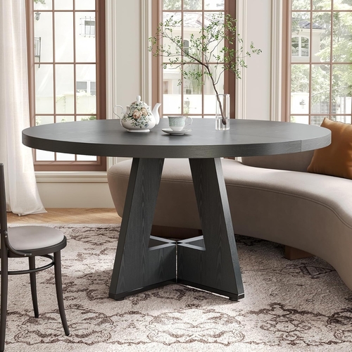 47 Inch Round Dining Table Black With Wooden Pedestal Base - Image 6