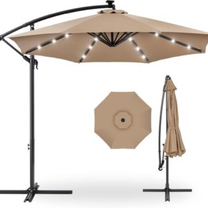 10 Foot Solar LED Offset Patio Umbrella With Easy Tilt Adjustment In