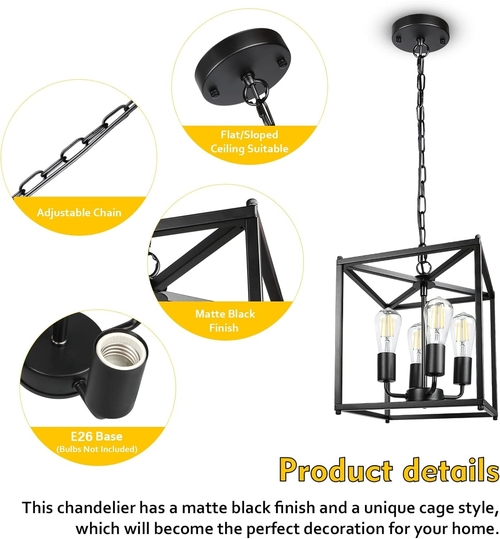 Black Farmhouse 4 Light Chandelier Pendant Light Adjustable - Image 3