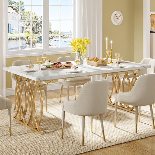 63 Inch Dining Table With Faux Marble Top For Kitchen And Dining Room - Image 2