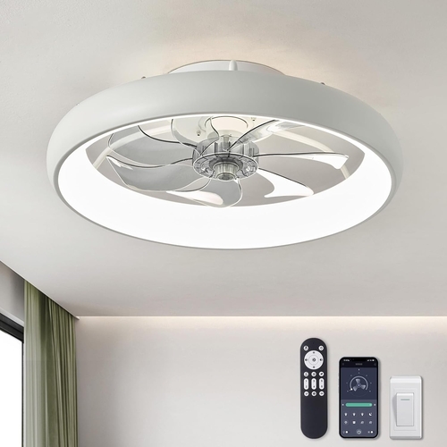 20 Inch Flush Mount Ceiling Fan With Lights Remote White Dimmable LED