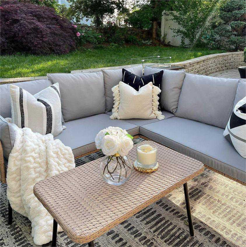 4 Piece Outdoor Wicker Patio Set Grey Memory Foam Cushions - Image 4