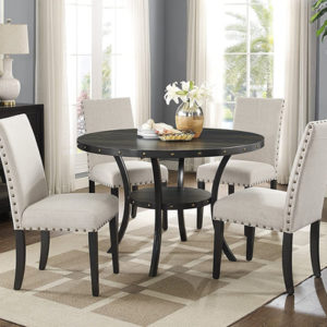 Tan Fabric Nailhead Dining Set 5 Piece Round Table