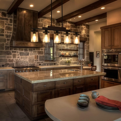Five Light Farmhouse Linear Chandelier With Rustic Wood - Image 5