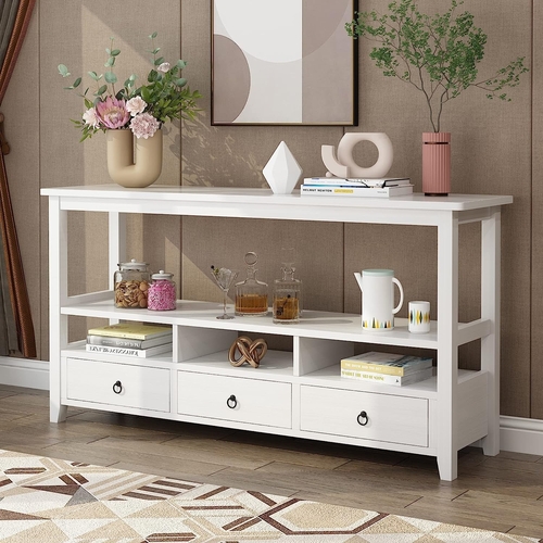Vintage White Console Table With Storage Drawers And Shelves - Image 3