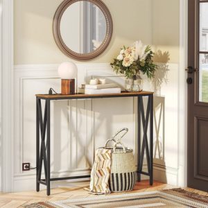 Rustic Brown Sofa Table With Power Outlet And USB Ports