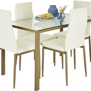 Ivory Gold 5 Piece Glass Dining Set With Upholstered Chairs