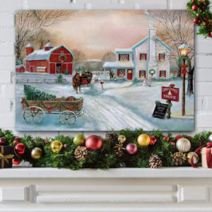 Red Barn Christmas Canvas Wall Art Winter Farm Decor