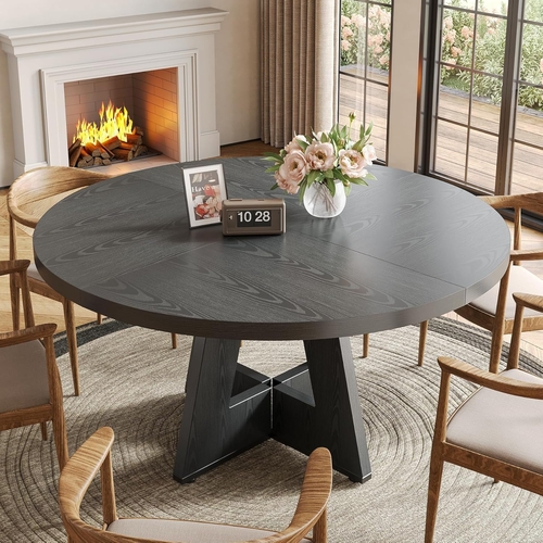 47 Inch Round Dining Table Black With Wooden Pedestal Base - Image 4