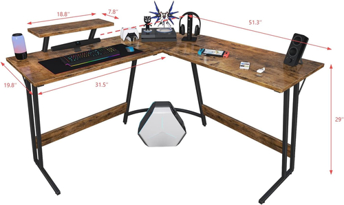 L Shaped Gaming Desk 51 Inch With Monitor Riser Brown - Image 3