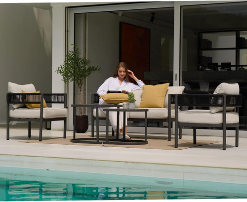 Beige 5 Piece Outdoor Wicker Patio Set With Thick Cushions - Image 8