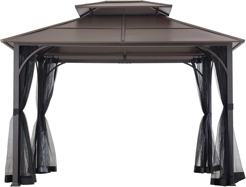 10x12 Brown Hardtop Gazebo With Steel Frame And Netting For Outdoor - Image 3