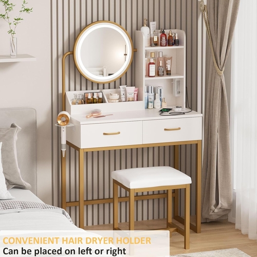 White Round LED Makeup Vanity Mirror With Charging Station 31.5 Inch - Image 3