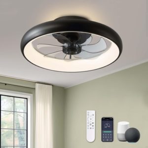 20 Inch Black Flush Mount Smart Ceiling Fan With LED Lights