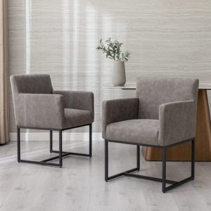 Set Of 4 Grey Upholstered Armchairs With Linen Fabric