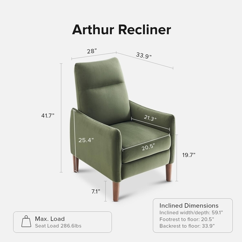 Arthur Olive Green Velvet Recliner Chair With 3 Positions - Image 2