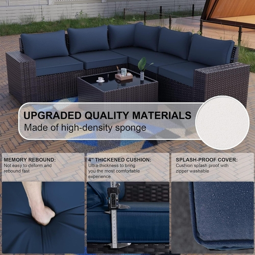 Navy Blue 6 Piece Outdoor Patio Sectional Sofa Set With PE Rattan - Image 3