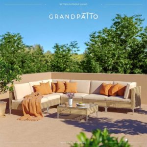 7 Piece Wicker Patio Set Water Resistant Cushions Beige